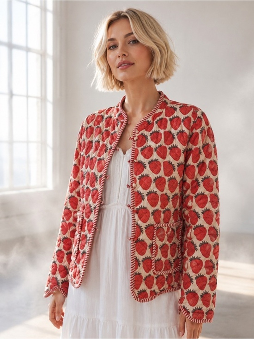Handmade Quilted Reversible Strawberry Pattern Jacket EUC M